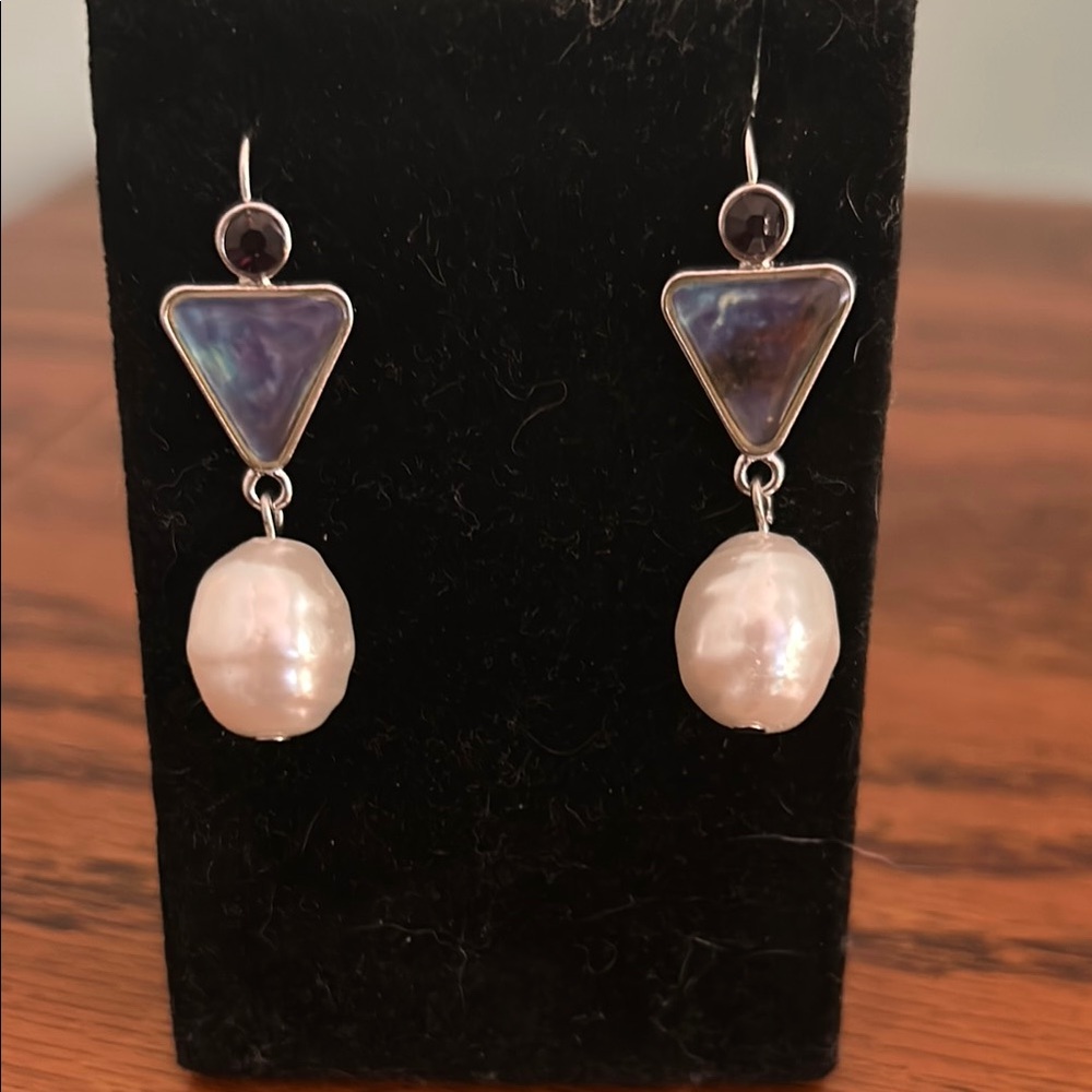 Elegant Silver and Purple Pearl Drop Earrings